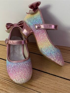 Rainbow Dress Shoes Toddler Girls 10 Pink Bow Glitter Colorful Mary Jane Party